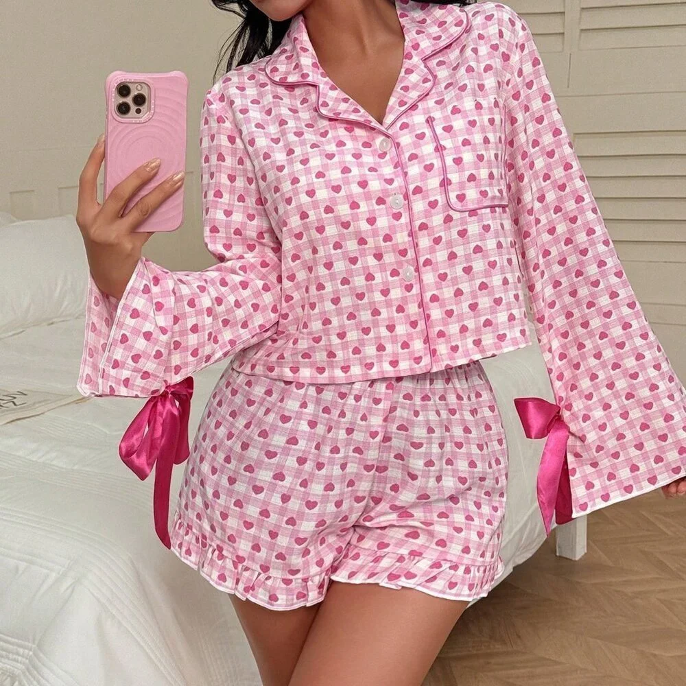 Pink Women's Heart Print Bowknot Pajama Set